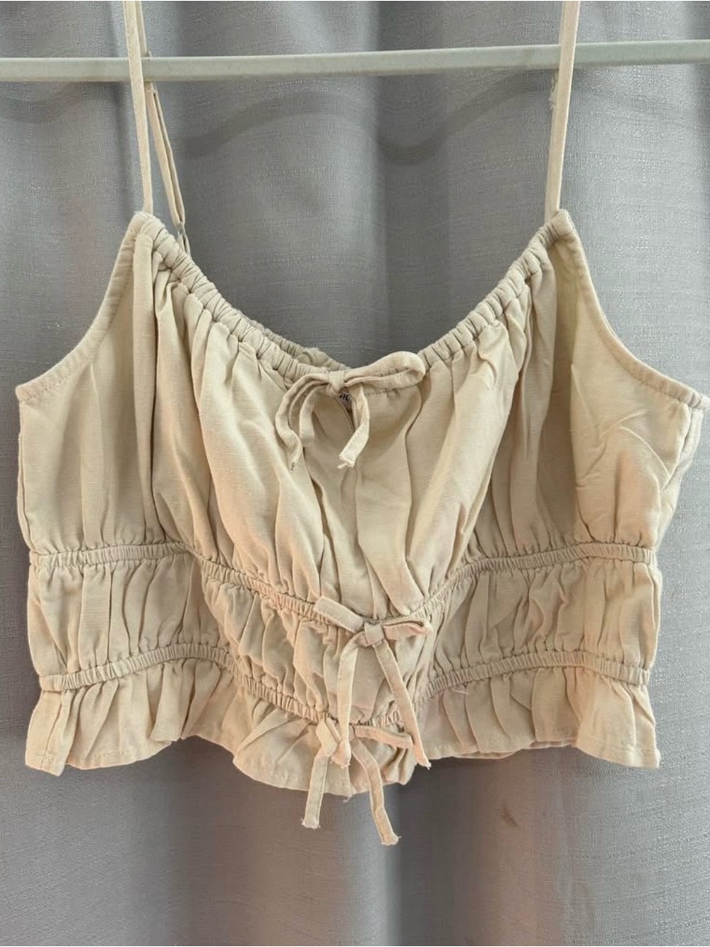 Women's Cream Drawstring Ruffle Crop Top cotton linen blend renaissance wench